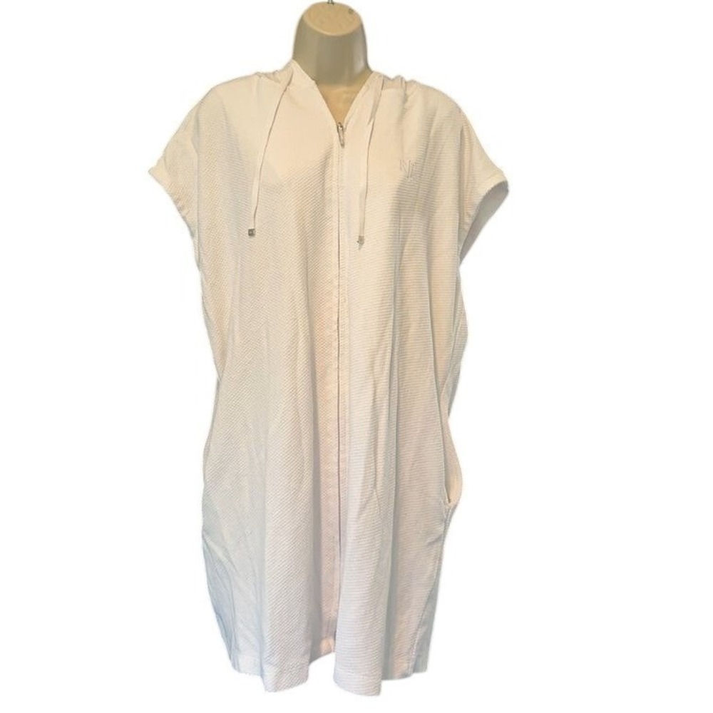 Lauren Ralph Lauren White Waffle Knit Zip Up Hooded Swim Cover Up Sleeveless L‎